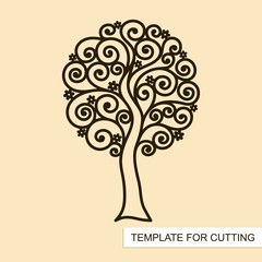 Blooming tree with curls. Graphic silhouette of sakura with flowers. Template for laser cutting, wood carving, paper cut and printing. Vector illustration.