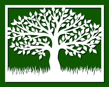 Square frame with tree and grass. Template for laser cutting, wood carving, paper cut and printing. Vector illustration.