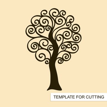 Graphic silhouette of swirl tree without leaves. Template for laser cutting, wood carving, paper cut and printing. Vector illustration.