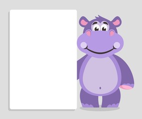 Violet hippo with white board on a grey background. Template for your text. Cartoon character with white banner. Place your text on blank sheet. Vector illustration.