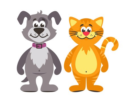 Orange cat and grey dog. Cartoon characters. Vector illustration.