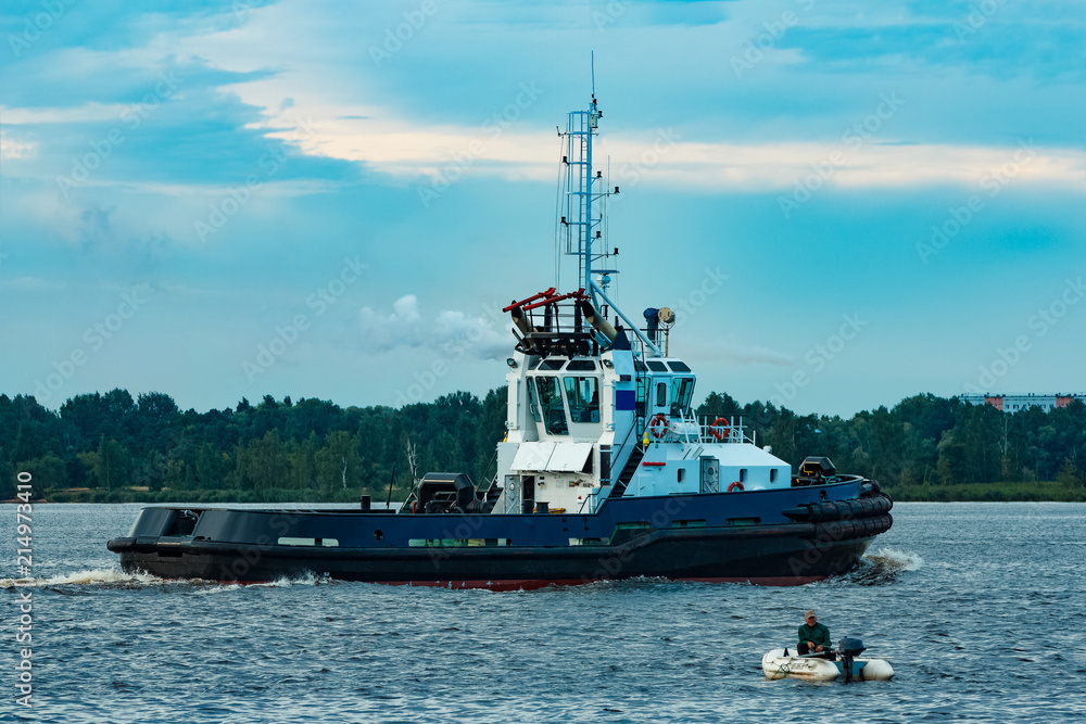 Poster black tug ship underway