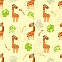 A seamless pattern with a giraffe, palm leaves, tropical leaves and the inscription Giraffe. Cartoon background. Vector illustration.