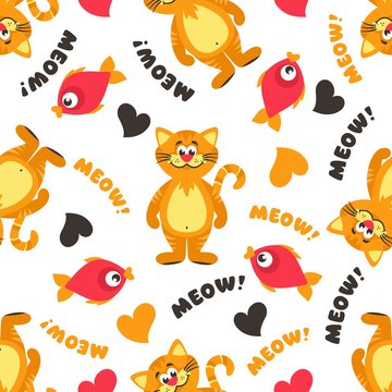 Seamless pattern with with a red cat, a pink fish, hearts and the inscription Meow. Vector illustration on a white background.