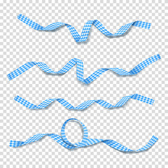 Collection of blue and white satin ribbons. Set of curved tapes with traditional Oktoberfest colors isolated on transparent background. Vector illustration. - obrazy, fototapety, plakaty