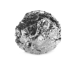 crumpled ball of aluminum foil isolated on white with clipping path