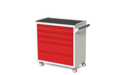 Metal tool cabinet on wheels with drawers. A convenient place for storing tools and spare parts. Metal furniture.  3D-model rendering of the table for shooting from above.