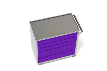 Metal tool cabinet on wheels with drawers. A convenient place for storing tools and spare parts. Metal furniture.  3D-model rendering of the table for shooting from above.