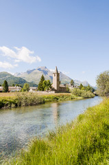 Sils, Segl, Baselgia, St. Lorenz, Kirche, Inn, Fluss, Wanderweg, Oberengadin, Engadin, Uferweg, via Engiadina, Graubünden, Sommer, Schweiz