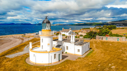 Fototapeta na wymiar Cromarty Lighthouse at Cromarty Firth in the Scotland - aerial view