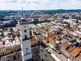 aerial view of old european city. tower of city hall
