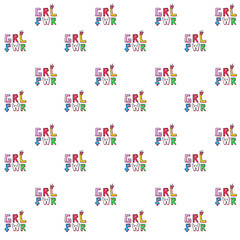 Pattern based on a typography minimal illustration artwork of the emblem phrase “girl power” in rainbow colors with a little crown over the L letter and the women symbol on the P letter. Background is