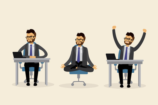 businessman is sitting in the workplace in various poses,