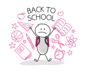 Back to school concept with cartoon stickman. Vector.