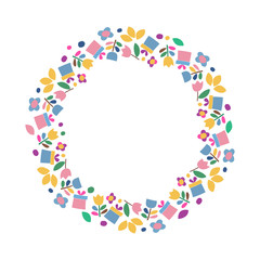 Vector frame with flowers and gifts icons on a white background. Cute border with simple element for kids and DIY project.