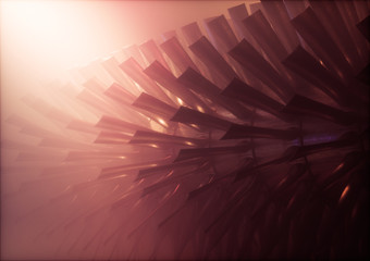 Red industrial steam turbine / engine rotor with blades in warm foggy environment. 3d illustration. © malp
