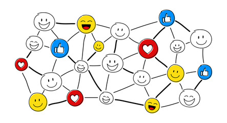 Funny concept of social media network with hand drawn emoji. Vector.
