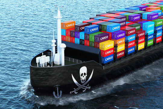 Freighter ship with piracy smuggling cargo containers sailing in ocean, 3D rendering