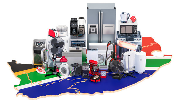 Map of South Africa with home and kitchen appliances, 3D rendering