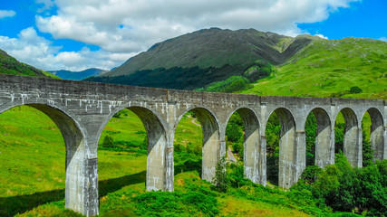 Aerial view over the famous Glenfinnan viaduct in the highlands of Scotland