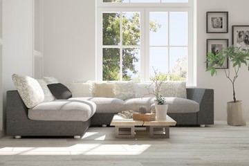 Idea of white room with sofa and summer landscape in window. Scandinavian interior design. 3D illustration