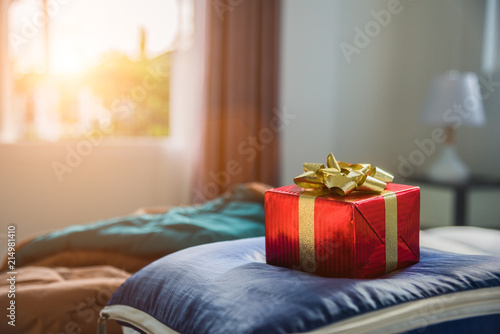 Gift Box In Bedroom Holiday And Anniversary Day Concept Birthday