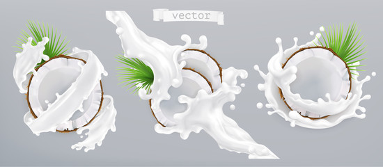 Coconut and milk splash. 3d realistic vector icon - obrazy, fototapety, plakaty