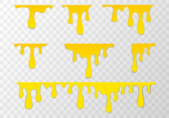 Dripping yellow liquid. Paint flows. Current paint, stains. Current drops. Vector illustration.