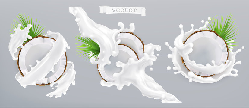 Coconut And Milk Splash. 3d Realistic Vector Icon