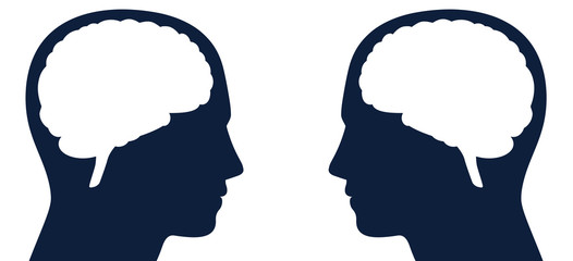 Two heads with brain silhouette facing each other. Symbol for same or different kind of thoughts, intelligence or communication, for thought-reading, telepathy, adverse opinions, contrary ideas.