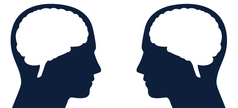 Two heads with brain silhouette facing each other. Symbol for same or different kind of thoughts, intelligence or communication, for thought-reading, telepathy, adverse opinions, contrary ideas.