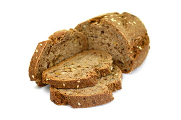 slices of black bread with pumpkin seed and sesame isolated on white background