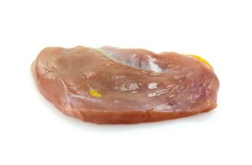 Raw pheasant breast filets isolated on white background.