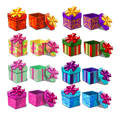 Big set of gift boxes isolated on white background. Vector cartoon close-up illustration.