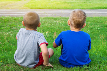 Fototapeta na wymiar The concept of friendship, two boy friends sit on the grass in the summer. View from the back to the children.