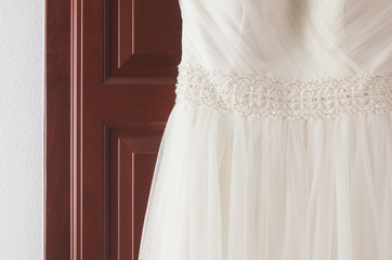 White Elegant Wedding Dress Details of Jewels and Fine Fabric