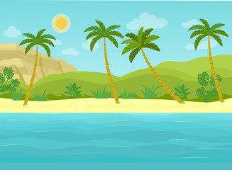 Fototapeta na wymiar Tropical landscape with palm trees, ocean and mountain. Vector flat style illustration