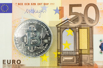 Cryptocurrency Bitcoin and Euro Banknote Blockchain technology. Virtual Digital money.