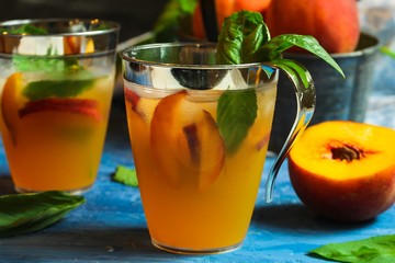 Homemade Peach Basil Cocktail drink / Sangria, selective focus - obrazy, fototapety, plakaty
