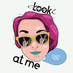 Picture for t-shirt, clothing, poster, postcard, sticker, printing. The girl's face in glasses with the reflection of the hand showing the middle finger. The inscription-don't look at me! Fuck you.