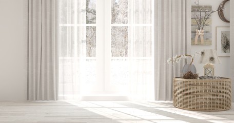 White empty room with table and winter landscape in window. Scandinavian interior design. 3D illustration