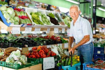 Satisfied elderly man with basket filled with fresh fruits and vegetables