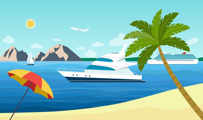 Sailing ship, yacht and cruise ship in the ocean. Beach landscape. Vector flat style illustration
