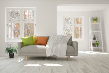 White room with sofa and winter landscape in window. Scandinavian interior design. 3D illustration