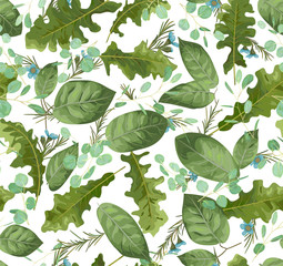 Vector watercolor foliage background for wedding invitations, greeting cards, advertising, wallpaper, sale, labels. Green leaves of a rose, eucalyptus, gerbera and wax flowers