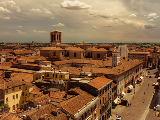 View over the red roofs of Ferrara,^ Italy towards the Cathedra