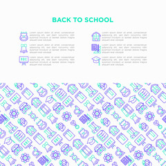 Fototapeta na wymiar Back to school concept with thin line icons: backpack, bell, book, microscope, knowledge, owl, graduation cap, bus, chemistry, mathematics, biology. Vector illustration, print media template.