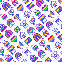 LGBT seamless pattern with thin line icons: gay, lesbian, rainbow, coming out, free love, flag, support, stop homophobia, LGBT rights, pride day. Modern vector illustration.