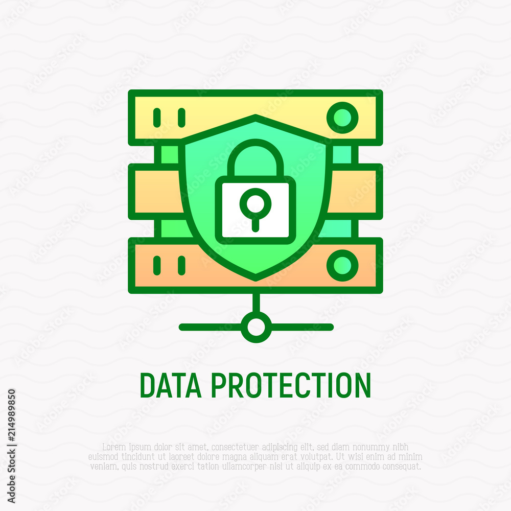 Poster data protection thin line icon: shield with lock on data server. modern vector illustration.
