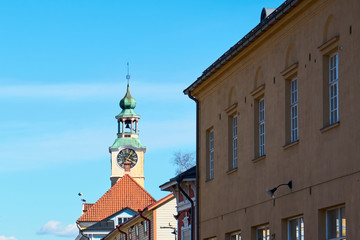  Old town hall with clocktower in Rauma city, Finland.